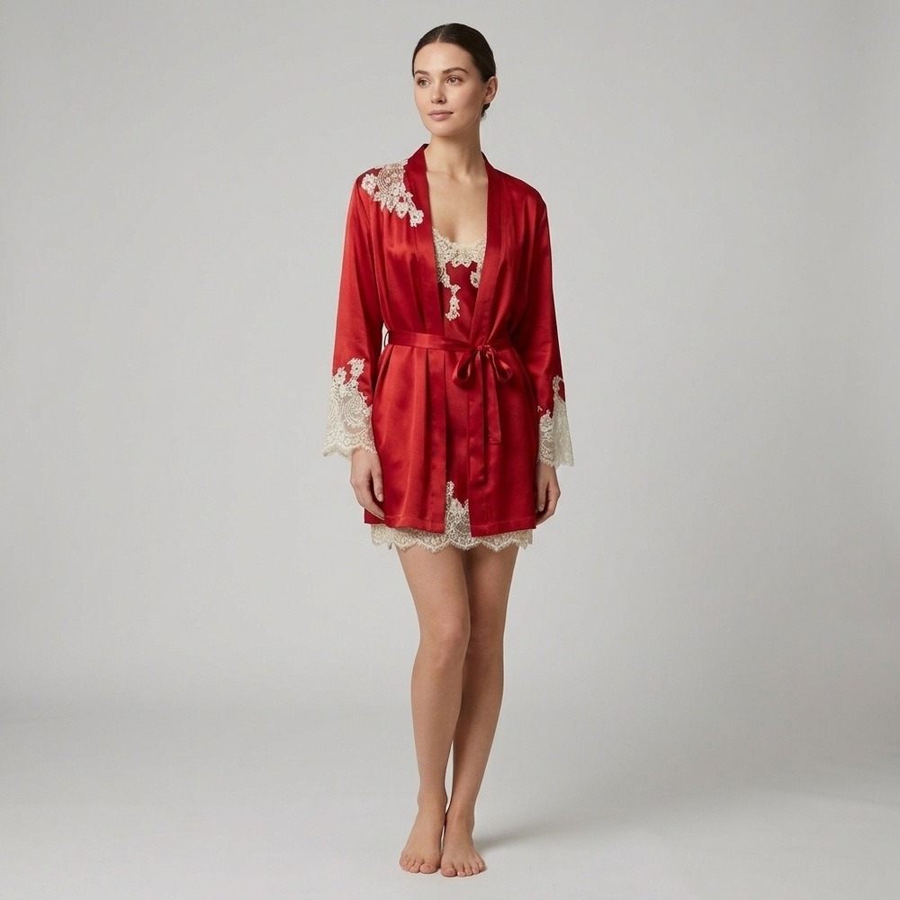 Marjolaine 100% Silk Chemise Slip Nightgown & Robe Set Red Ivory Lace Size 40/42